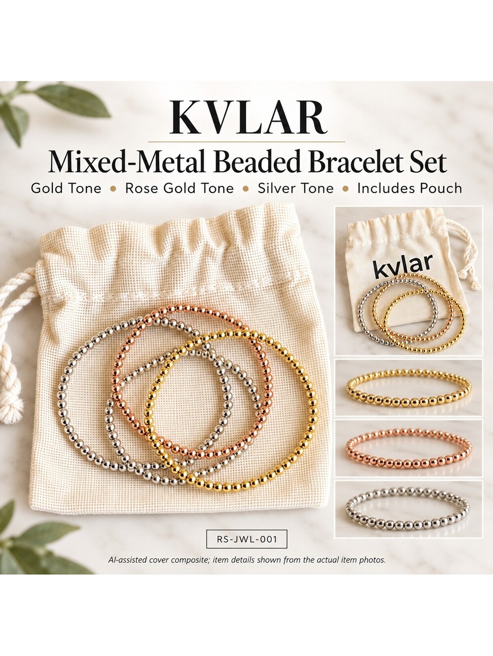 Kylar Mack 3MM Gold Silver Rose Gold Bracelet Set 7.5"